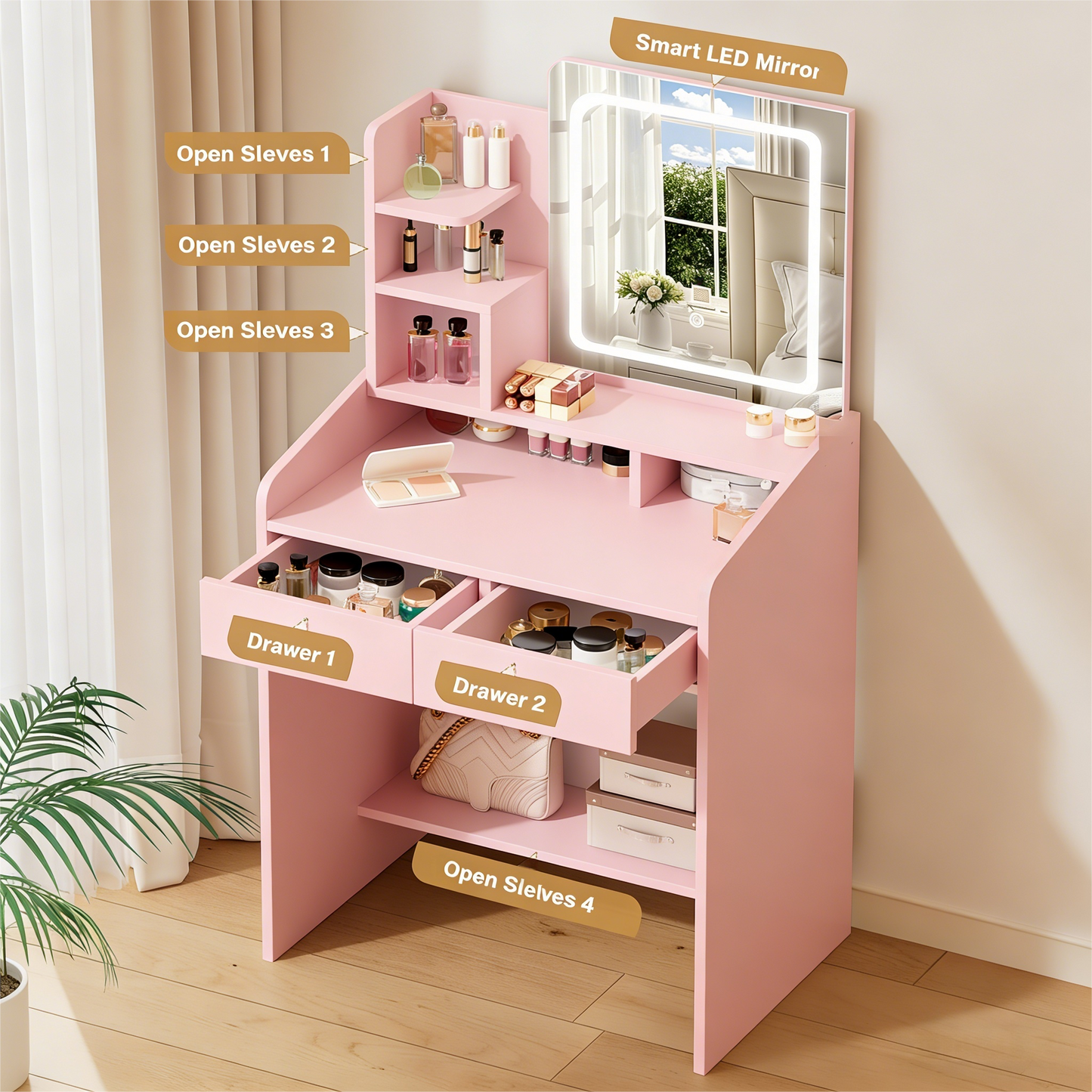 Pink Vanity Desk with Smart LED Mirror & Ample Storage