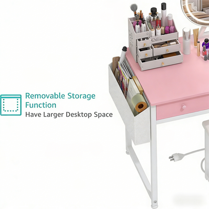 Pink Vanity Desk with LED Mirror & Multi-Storage Set