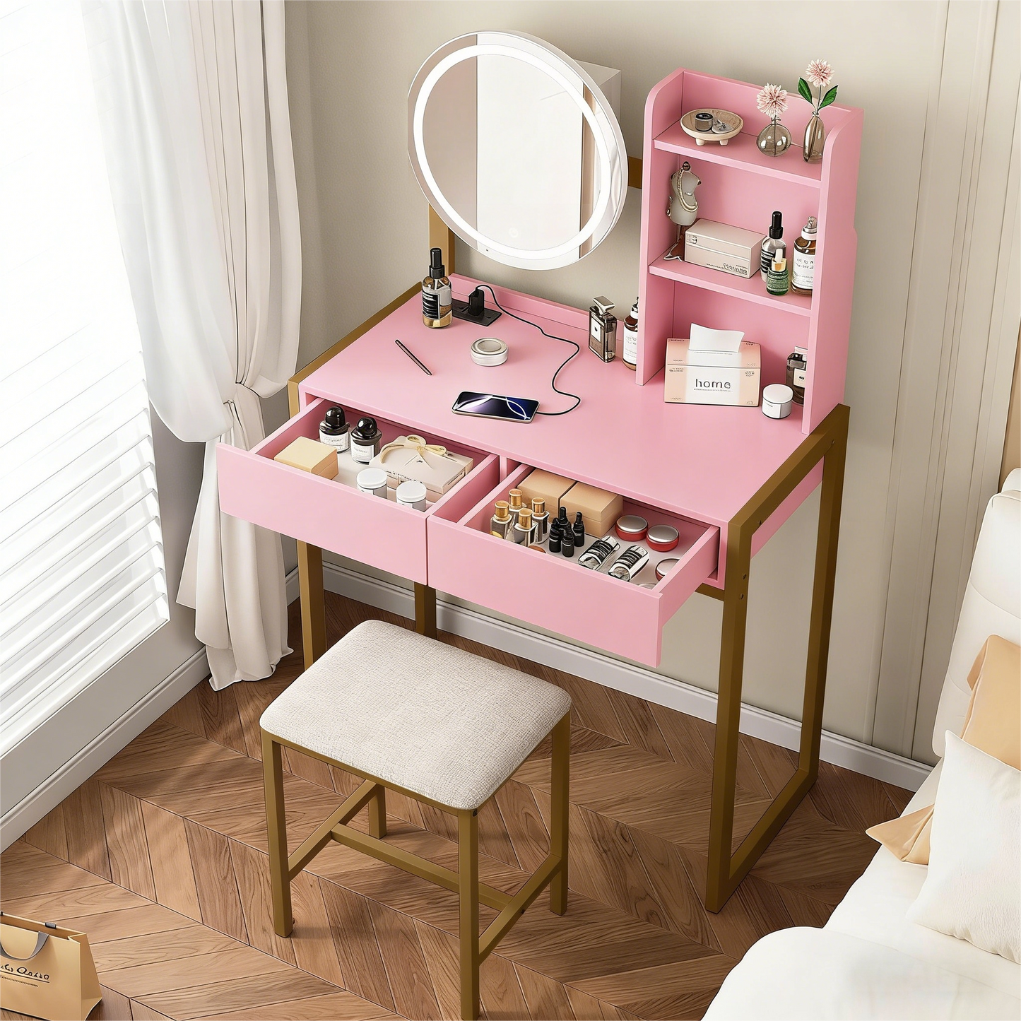 Pink Vanity Desk Set with LED Mirror & Cushioned Stool