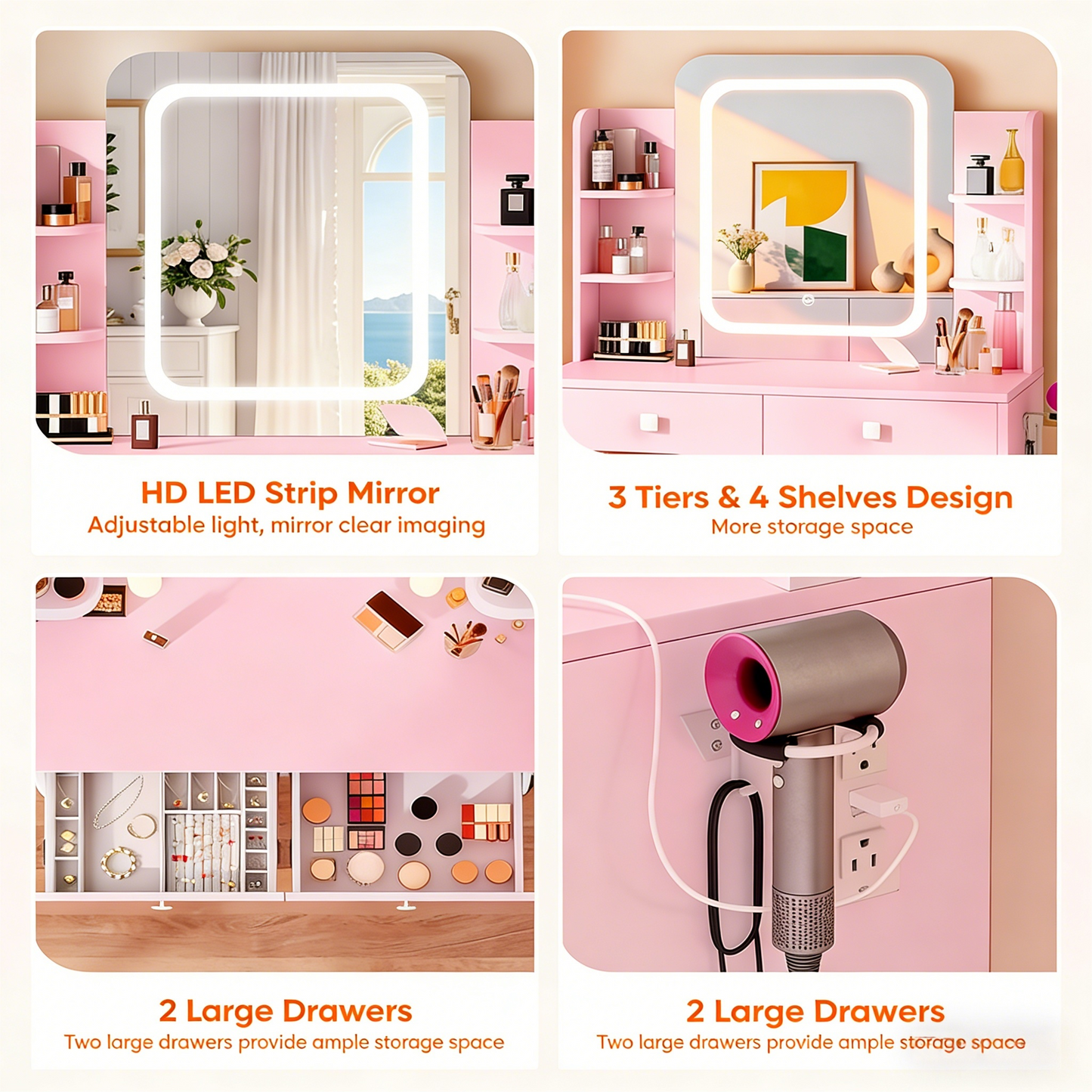 Pink Dual-Use Vanity Desk with LED Mirror & Built-In Power Outlets