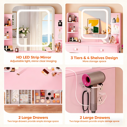 Pink Dual-Use Vanity Desk with LED Mirror & Built-In Power Outlets