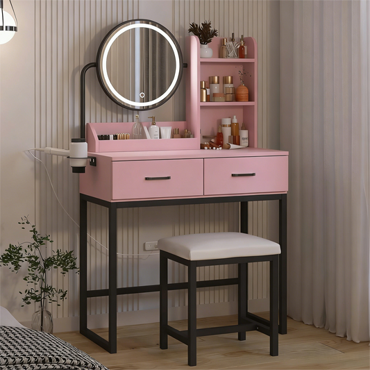 Pink Vanity Table with LED Mirror & Storage Set