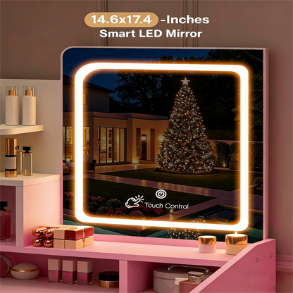 Pink Vanity Desk with Smart LED Mirror & Ample Storage