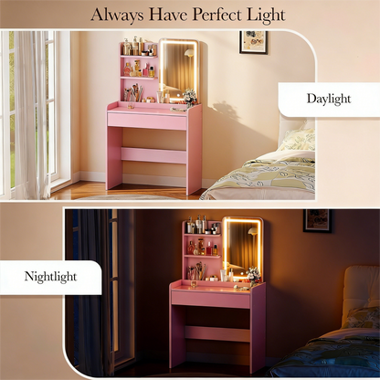 Pink Vanity Desk with Adjustable LED Light Mirror & Storage