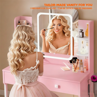 Pink Dual-Use Vanity Desk with LED Mirror & Built-In Power Outlets