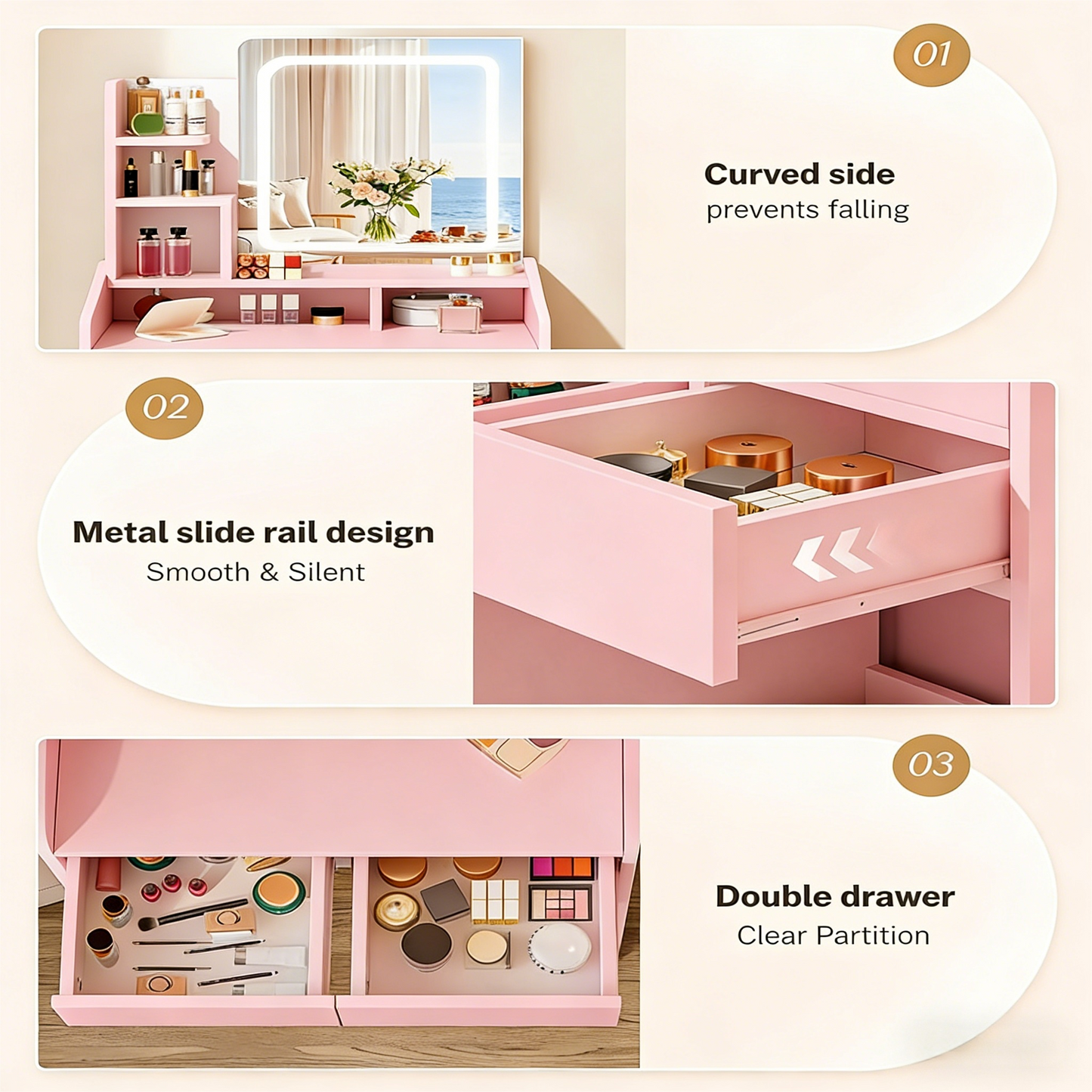 Pink Vanity Desk with Smart LED Mirror & Ample Storage