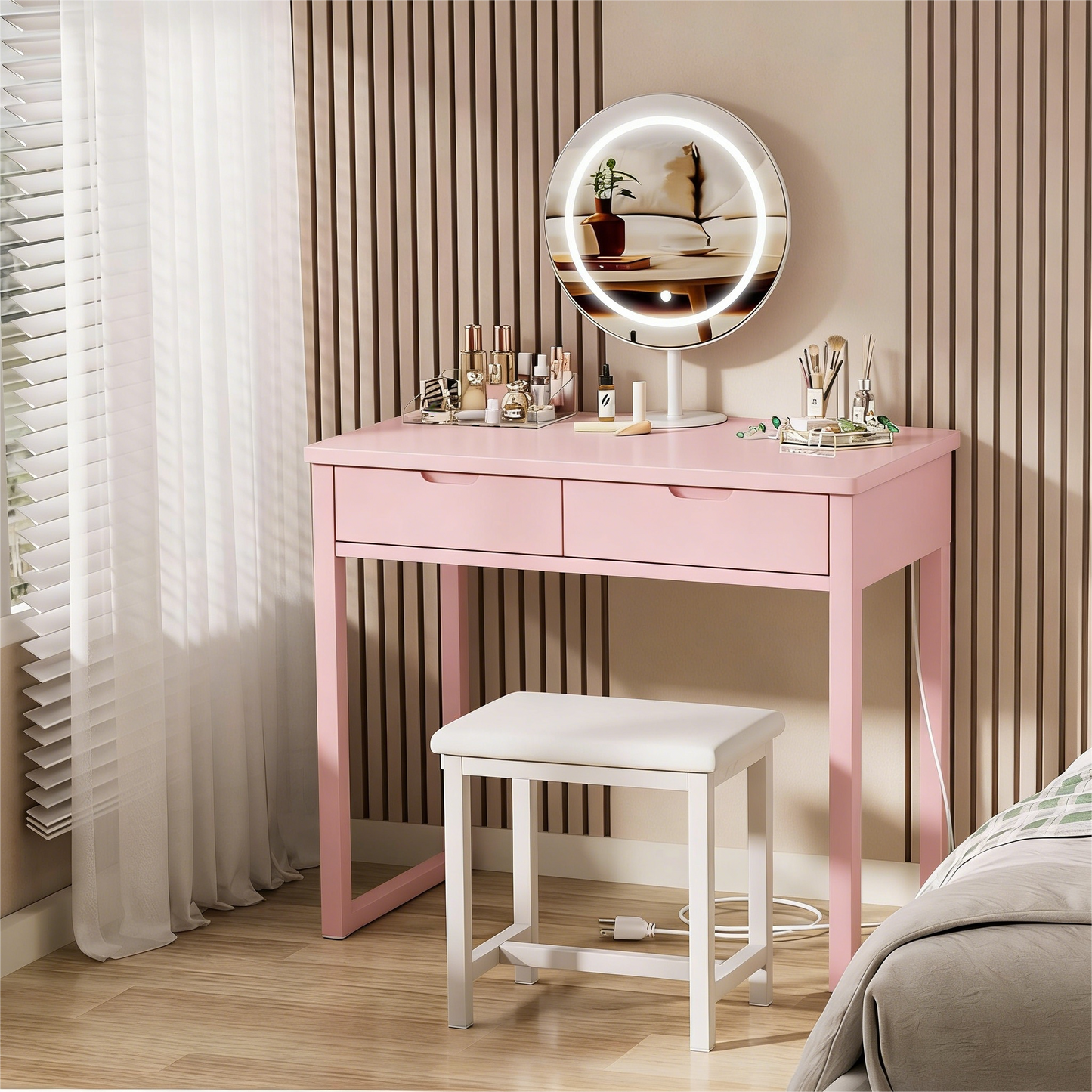 Pink Vanity Set with Adjustable LED Mirror & Storage