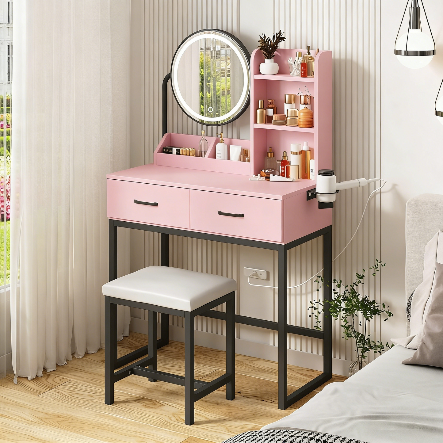 Pink Vanity Table with LED Mirror & Storage Set