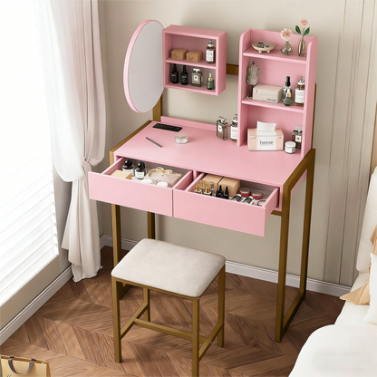 Pink Vanity Desk Set with LED Mirror & Cushioned Stool
