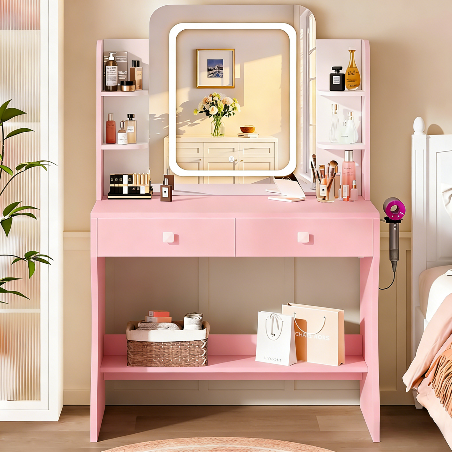 Pink Dual-Use Vanity Desk with LED Mirror & Built-In Power Outlets