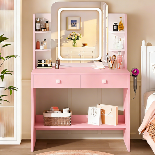 Pink Dual-Use Vanity Desk with LED Mirror & Built-In Power Outlets