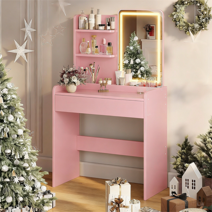 Pink Vanity Desk with Adjustable LED Light Mirror & Storage