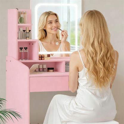 Pink Vanity Desk with Smart LED Mirror & Ample Storage