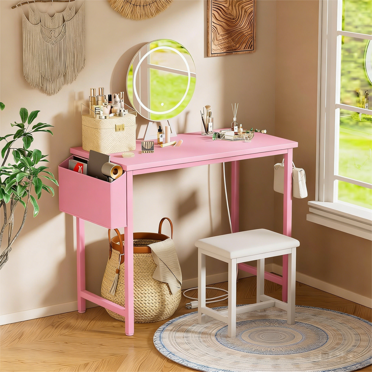 Pink Vanity Set with Adjustable LED Mirror & Storage