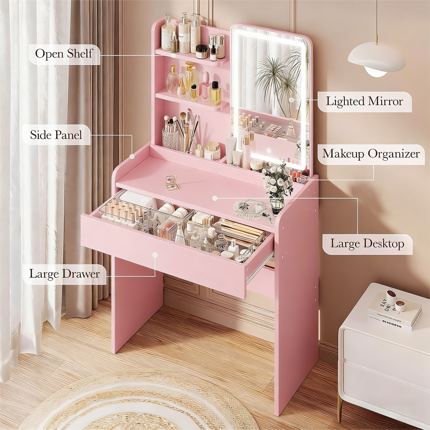 Pink Vanity Desk with Adjustable LED Light Mirror & Storage