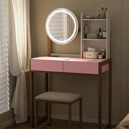 Pink Vanity Desk Set with LED Mirror & Cushioned Stool