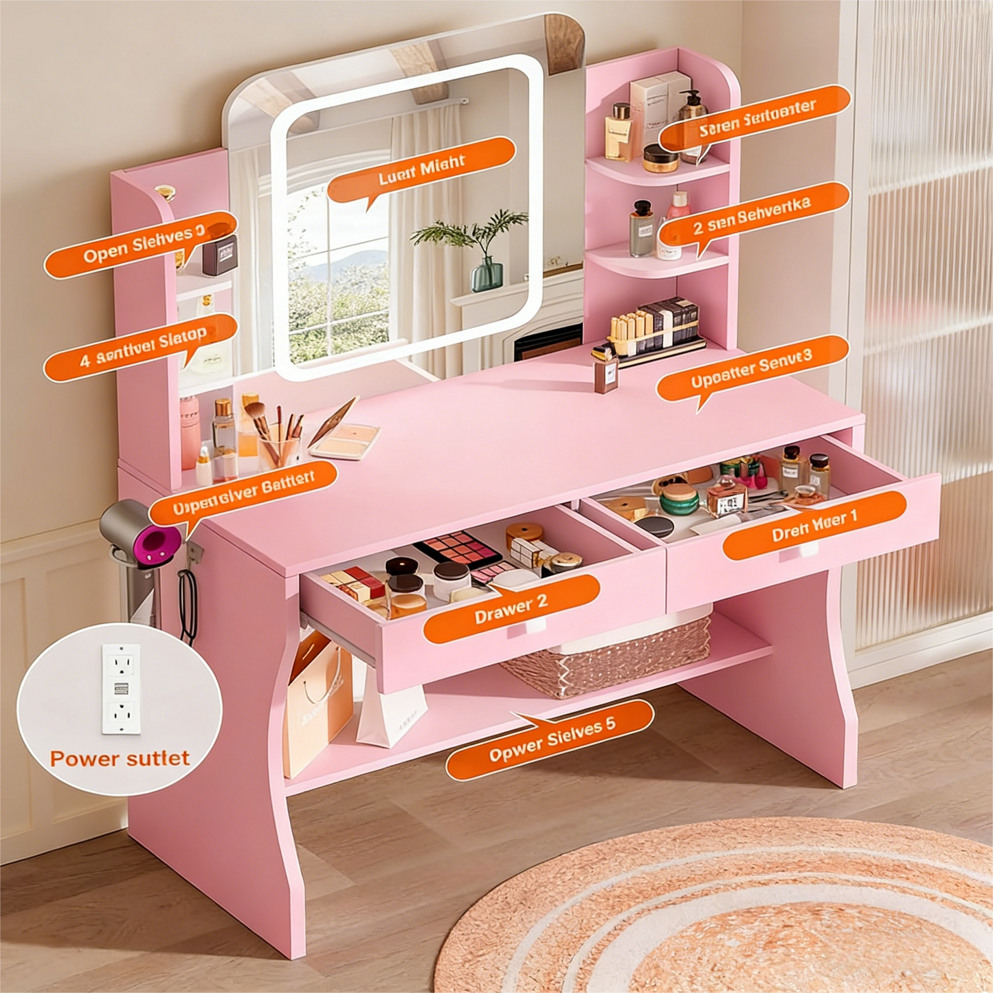 Pink Dual-Use Vanity Desk with LED Mirror & Built-In Power Outlets