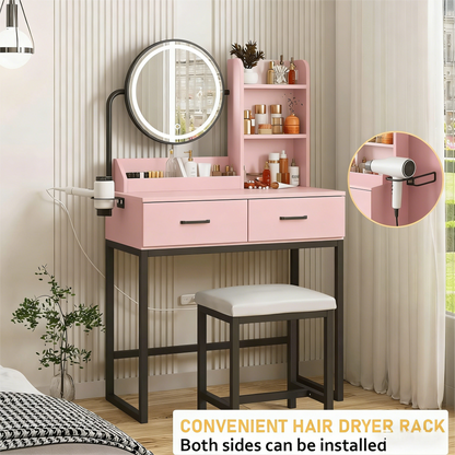 Pink Vanity Table with LED Mirror & Storage Set