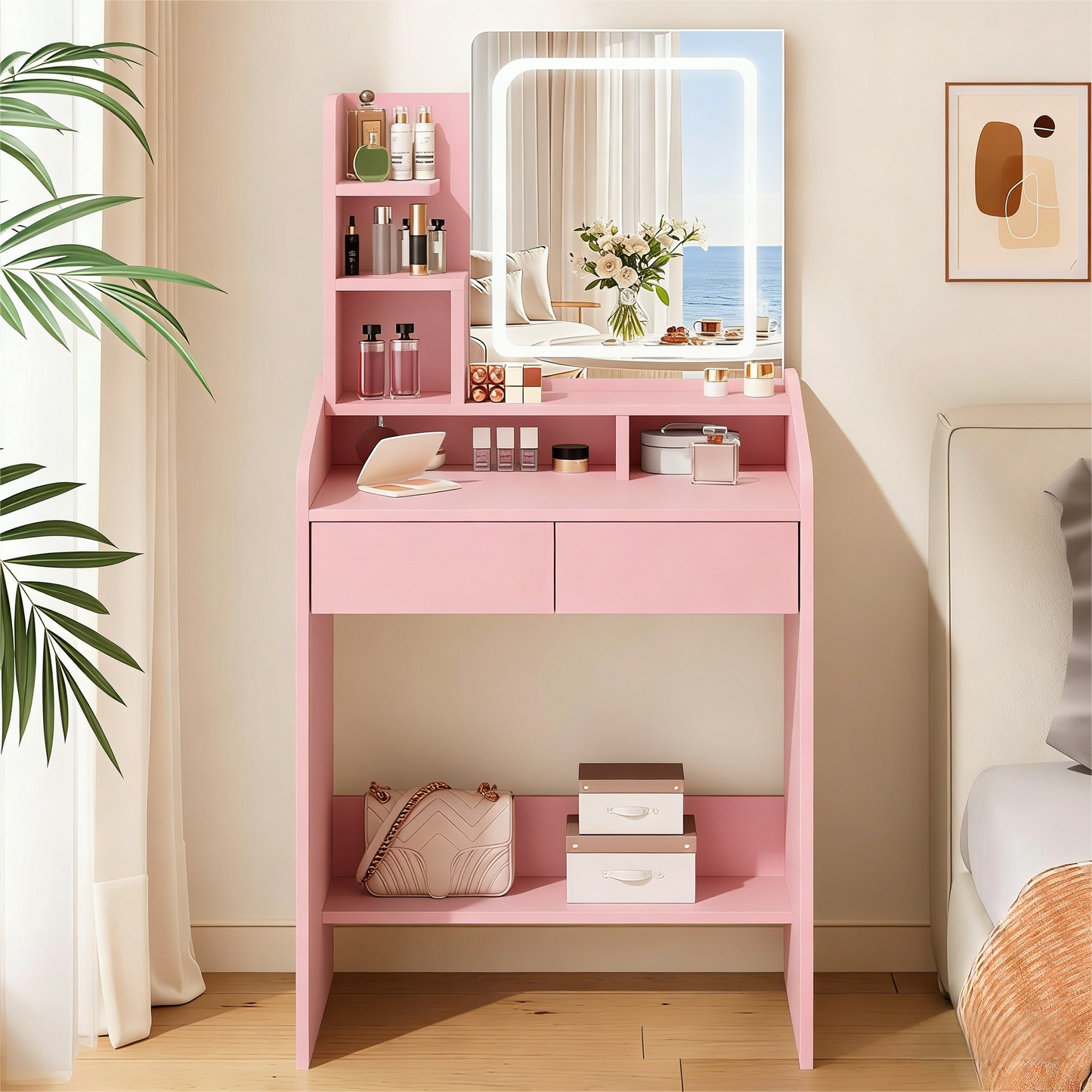 Pink Vanity Desk with Smart LED Mirror & Ample Storage