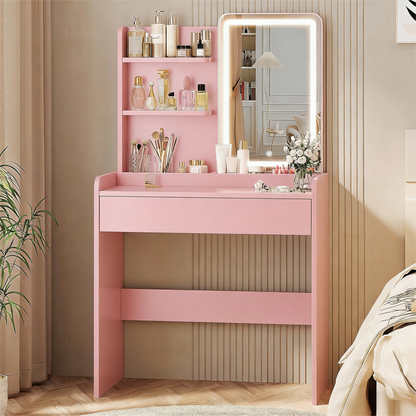 Pink Vanity Desk with Adjustable LED Light Mirror & Storage