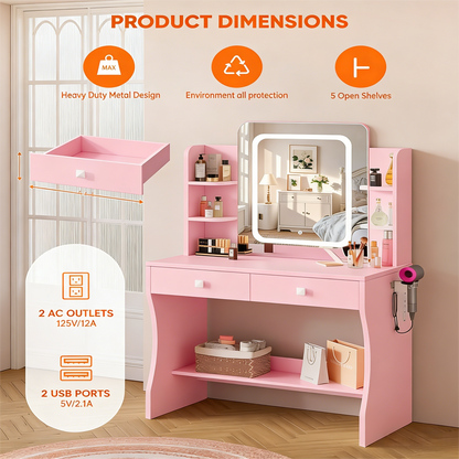 Pink Dual-Use Vanity Desk with LED Mirror & Built-In Power Outlets