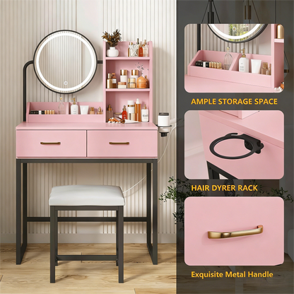 Pink Vanity Table with LED Mirror & Storage Set