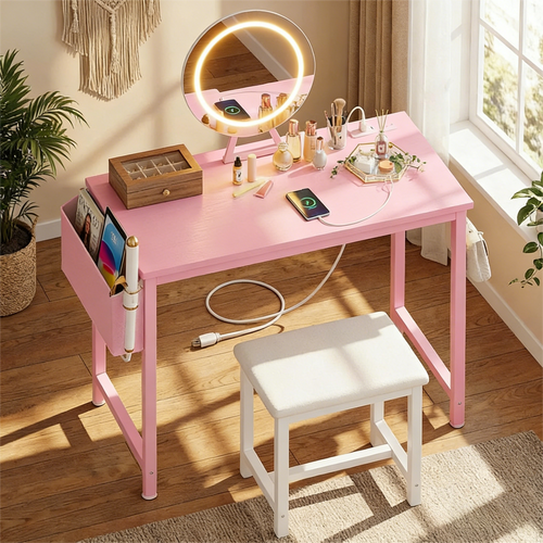 Pink Vanity Set with Adjustable LED Mirror & Storage