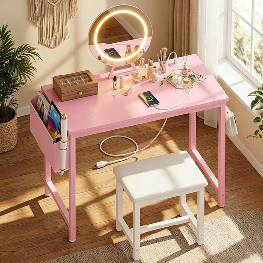 Pink Vanity Set with Adjustable LED Mirror & Storage