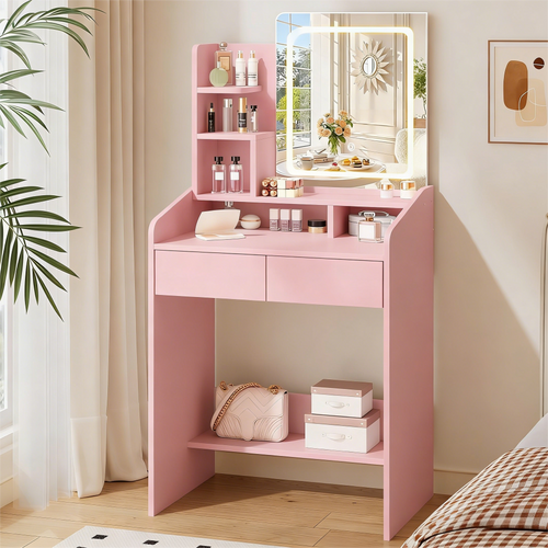 Pink Vanity Desk with Smart LED Mirror & Ample Storage