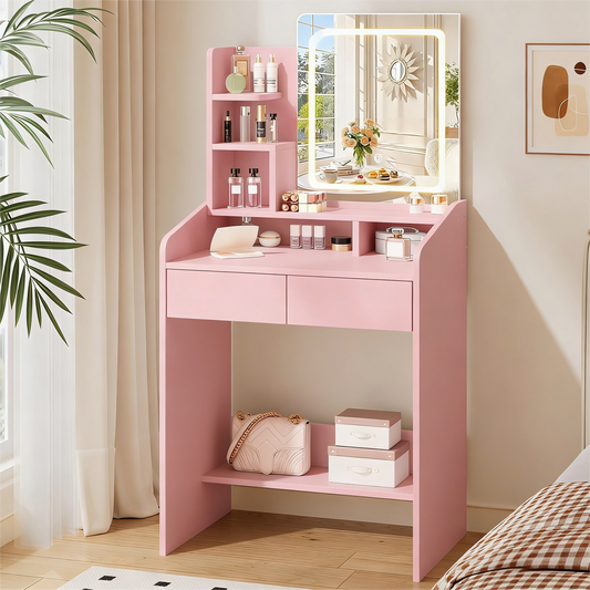 Pink Vanity Desk with Smart LED Mirror & Ample Storage