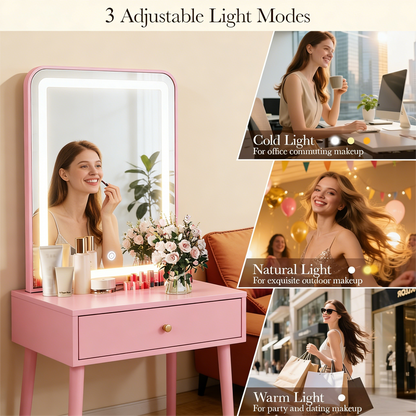 Pink Vanity Desk with Adjustable LED Light Mirror & Storage