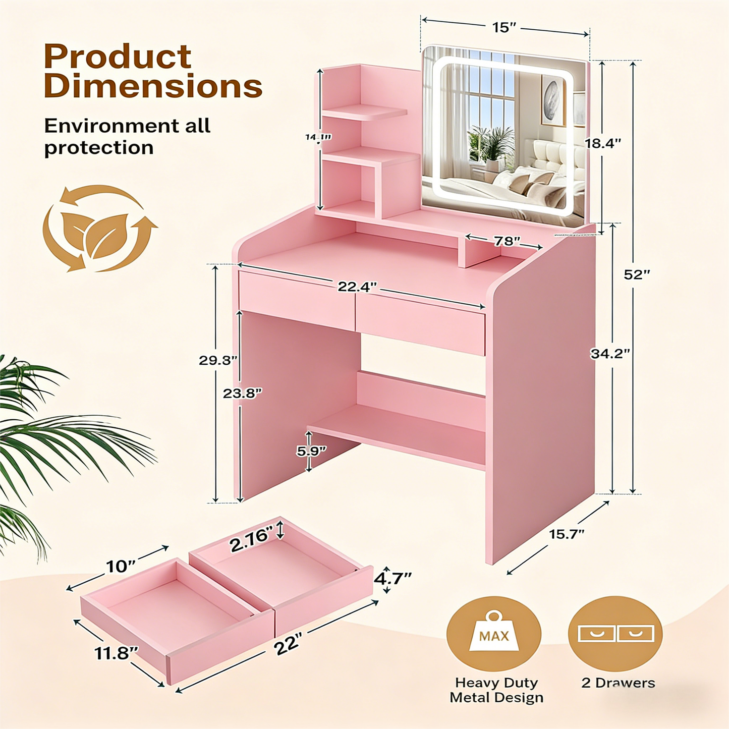 Pink Vanity Desk with Smart LED Mirror & Ample Storage