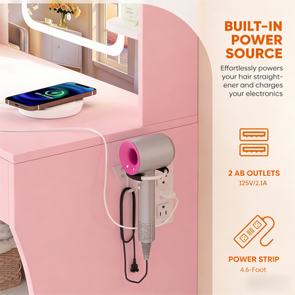 Pink Dual-Use Vanity Desk with LED Mirror & Built-In Power Outlets