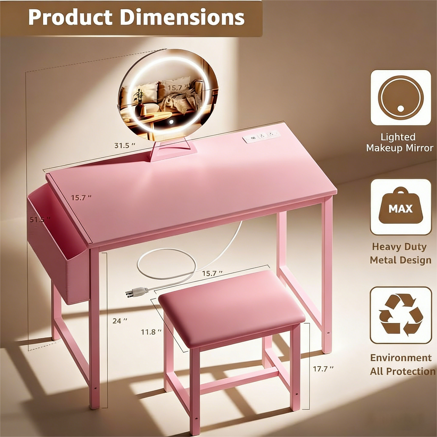 Pink Vanity Set with Adjustable LED Mirror & Storage
