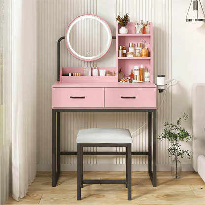Pink Vanity Table with LED Mirror & Storage Set