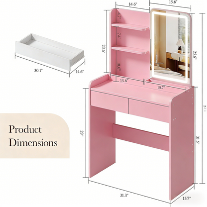 Pink Vanity Desk with Adjustable LED Light Mirror & Storage