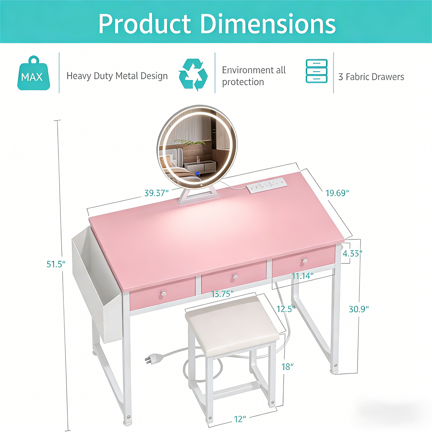 Pink Vanity Desk with LED Mirror & Multi-Storage Set