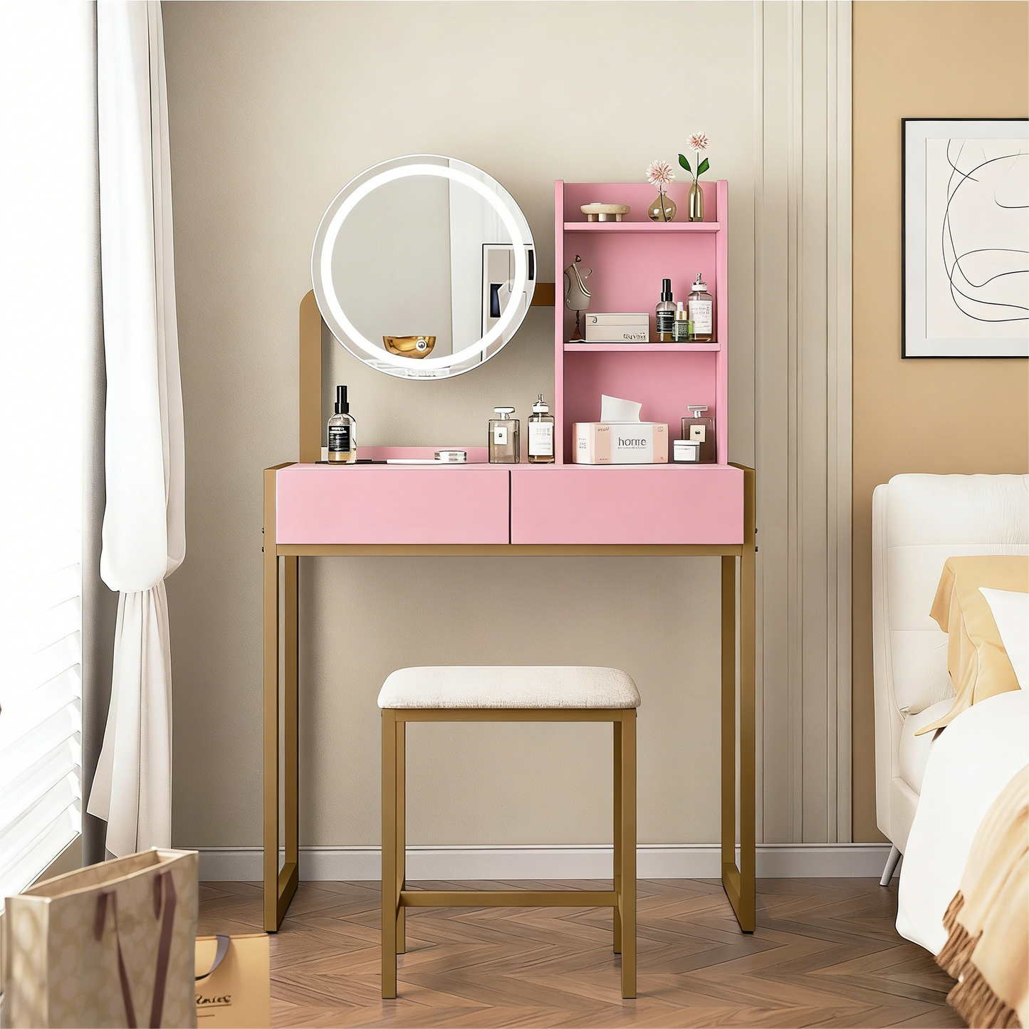 Pink Vanity Desk Set with LED Mirror & Cushioned Stool