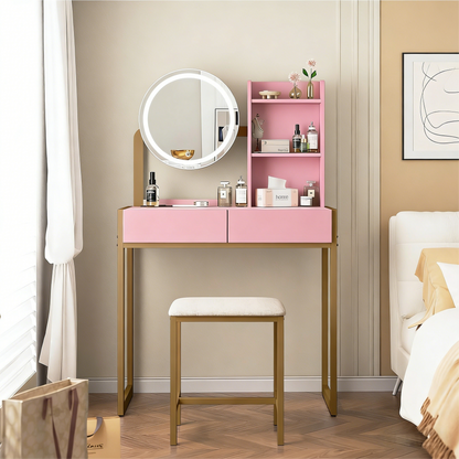 Pink Vanity Desk Set with LED Mirror & Cushioned Stool